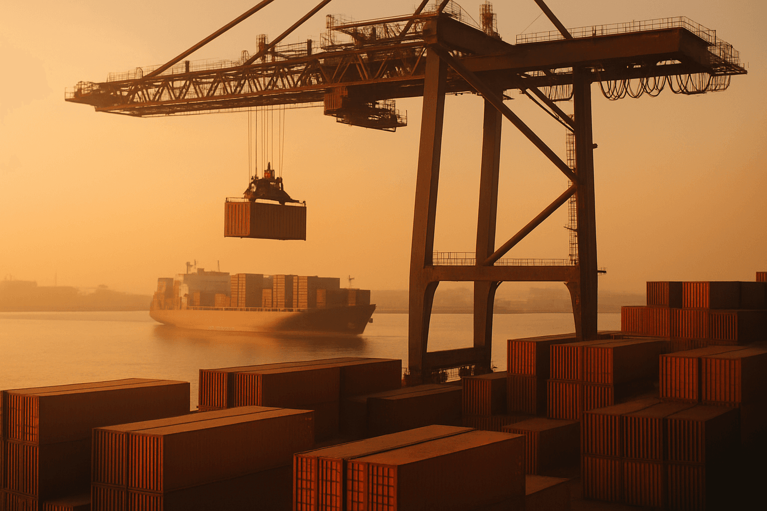 A crane lifting an orange container in the port of Rotterdam at sunset