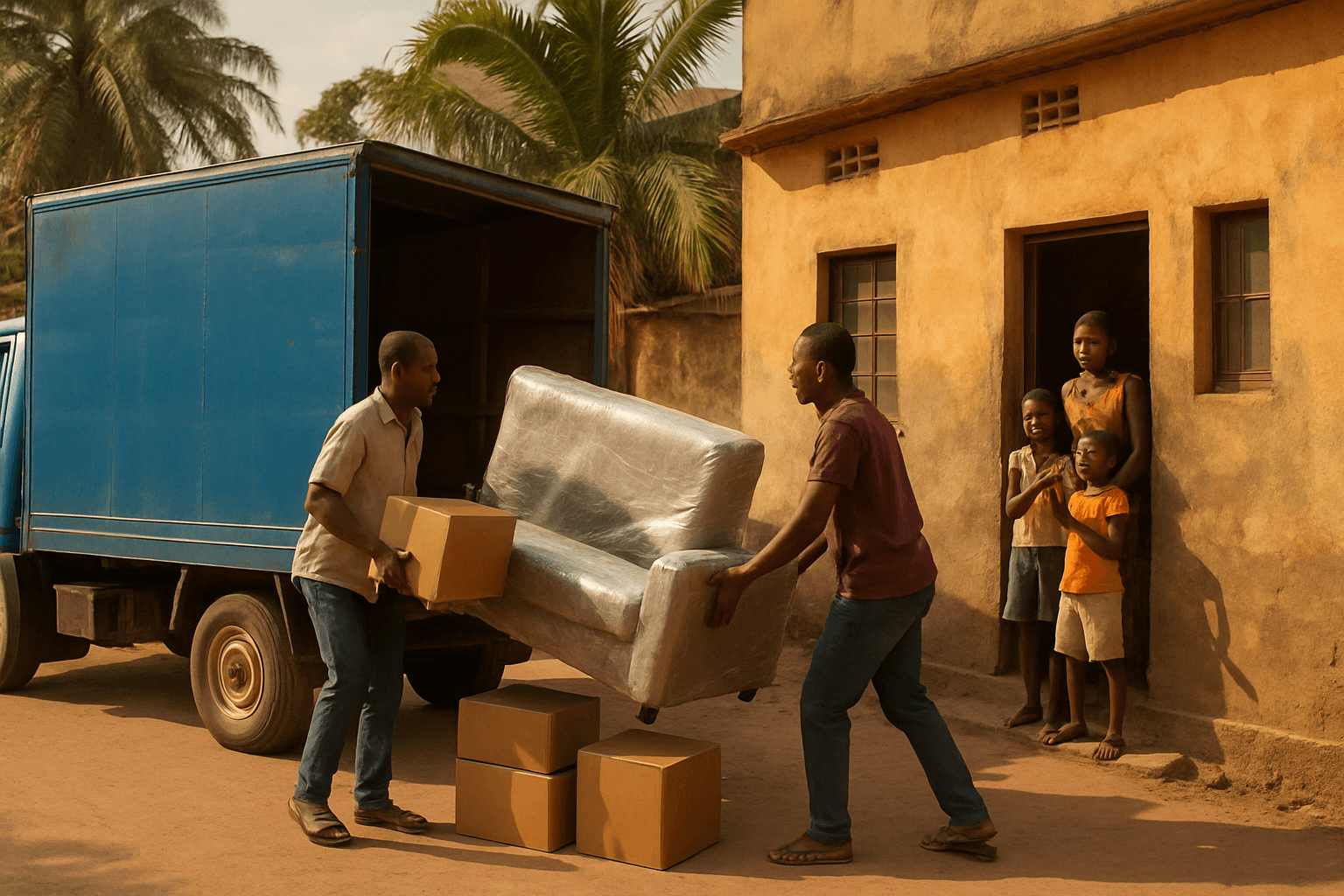 Two men unloading boxes from a truck onto a street in Kinshasa