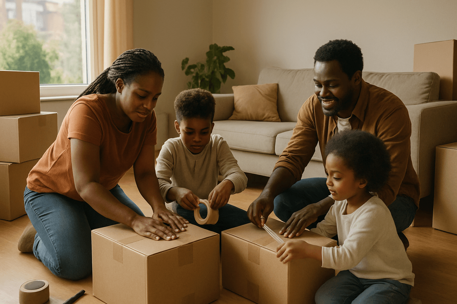 A family taping up moving boxes in a living room in the Netherlands